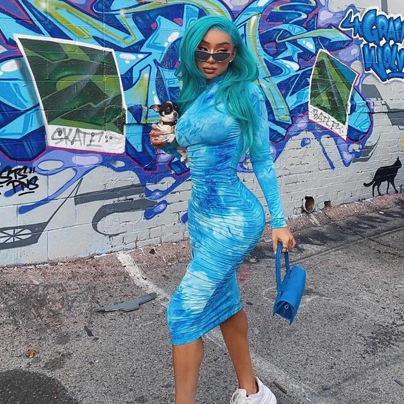 

NEW Tie Dye Print Party Midi Dress Women Long Sleeve Turtleneck Zipper 2020 Bodycon Dresses Skinny Ruched Slim Dress Vestidos