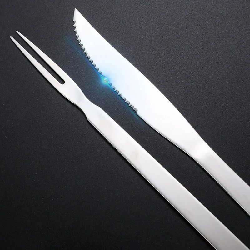 

2pcs/set Stainless Steel Knife Fork Set Round / Flat Handle Outdoor BBQ Barbecue Meat Turkey Roast Cutlery Tools