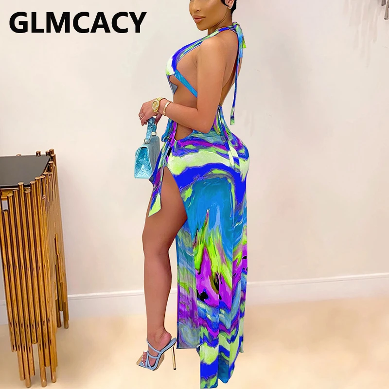 

Women Halter Backless Tie Dye Printed Slit Maxi Dress