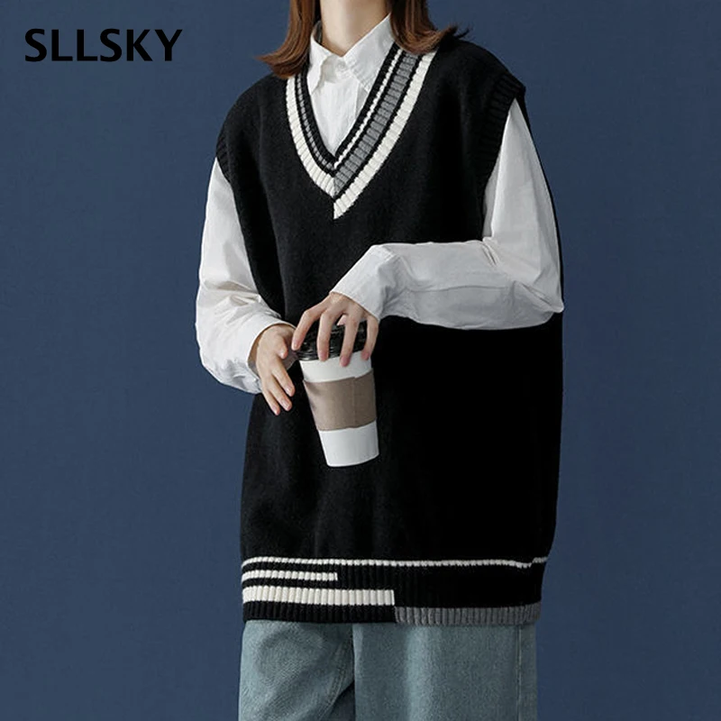 

Женский трикотажный жилет SLLSKY, универсальный, в стиле колледжа, с V-образным вырезом