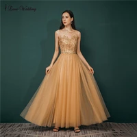 lace prom dresses long 2021 gold maxi tulle dress sleeveless illusion women wedding evening gown a line backless robe de soiree