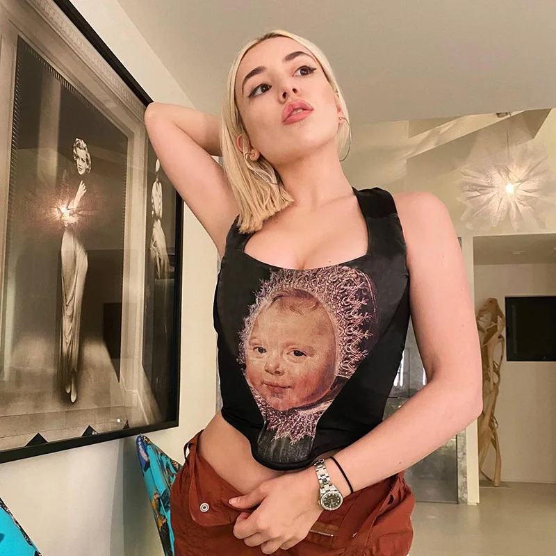 

Майка JIAK женская с принтом головы, винтажный корсет в стиле Харадзюку, черный топ без рукавов, домашняя одежда, на лето