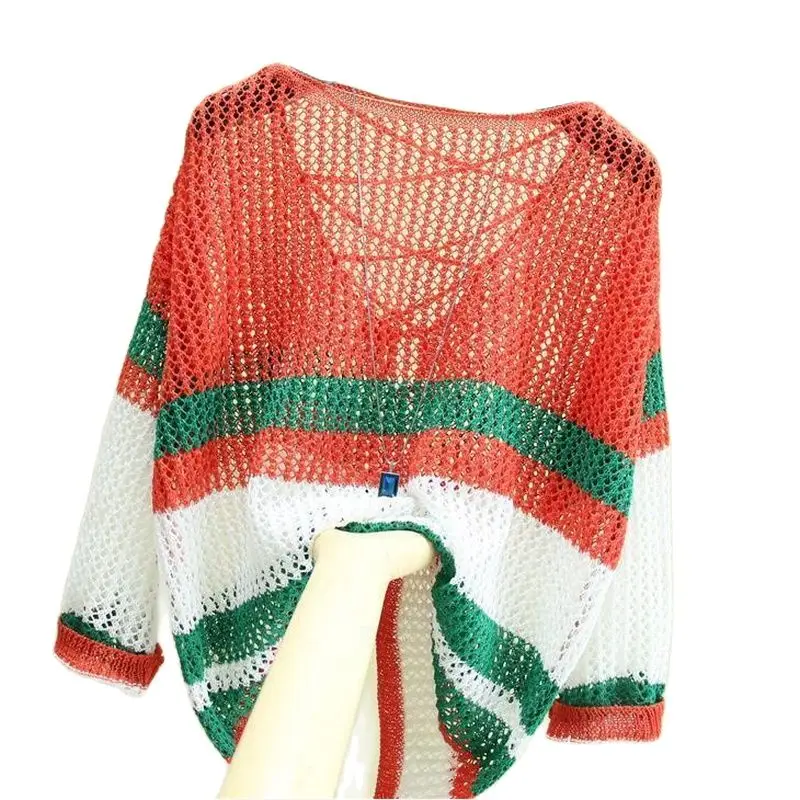 

Женский полосатый свитер, корейский пуловер в полоску с вырезами, женский свободный топ с рукавом в пять минут, для весны и лета