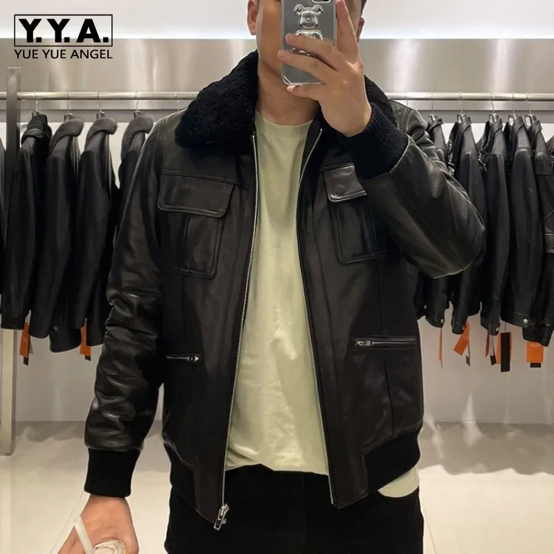 

Autumn Winter Men Sheepskin Genuine Leather Jacket Lamb Fur Shearling Biker Bomber Short Coat Zipper Slim Casual Outwear L-4XL