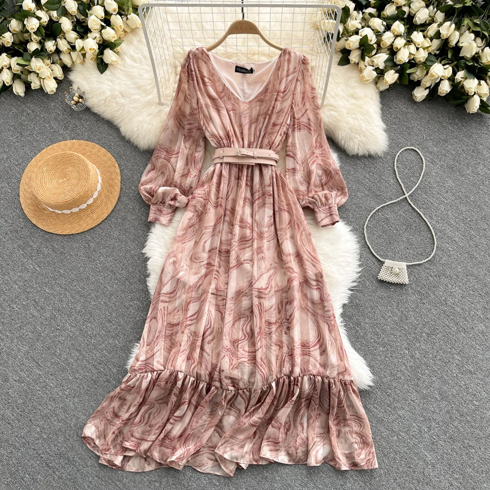 

Uulutonica осеннее женское элегантное модное ТРАПЕЦИЕВИДНОЕ ПЛАТЬЕ Пейсли с поясом до щиколотки с эластичным поясом и V-образным вырезом