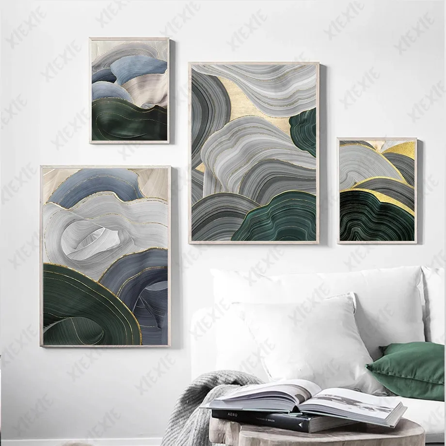 

Abstract Geometric Pattern Canvas Painting Line Art Poster Green Wallpaper Print Picture Craft for Home Office Decoration