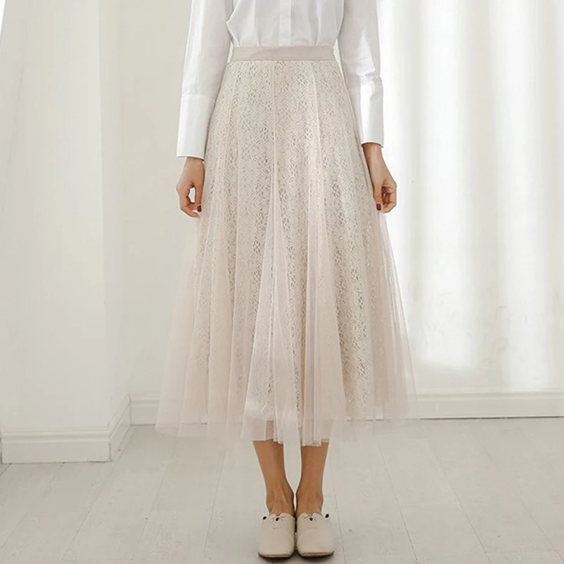 Весенние юбки цвета слоновой кости кружевные крючком трапециевидные длинные