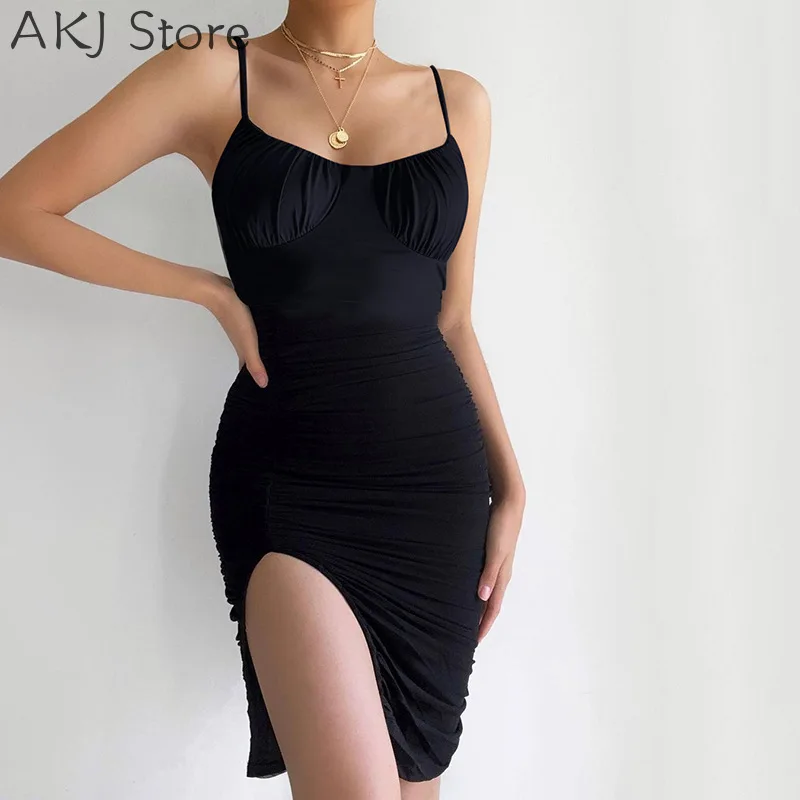 

2021 New Women Sleeveless Spaghetti Strap Slim Side Slit Asymmetry Pleated Dress