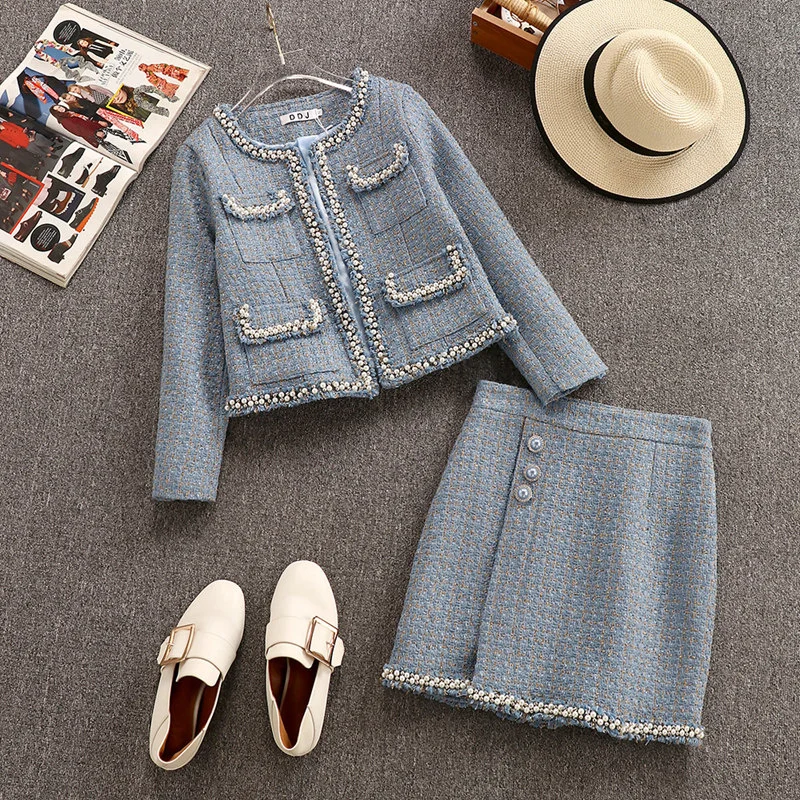 

High Quality Autumn Winter 2 Piece Set Women Beading Woolen Tweed Jacket Coat + Mini Skirt Two Piece Set Ensemble Hiver Femme