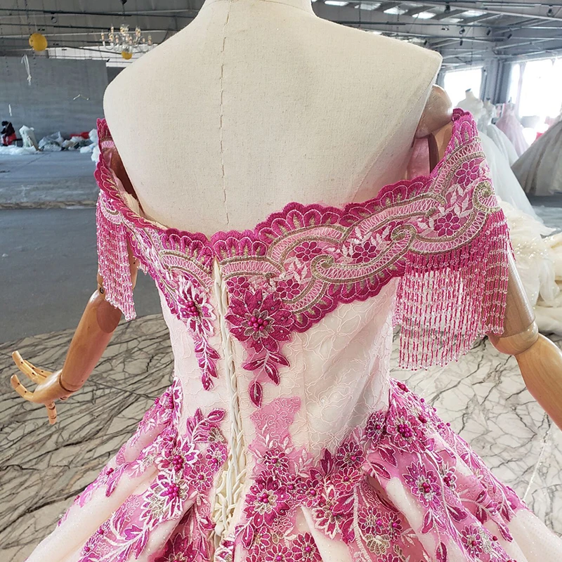 

LS20478 Pink Applique Printed Evening Dress 2021year Tassel Beading Short Sleeve Backless Women Prom Party Gown