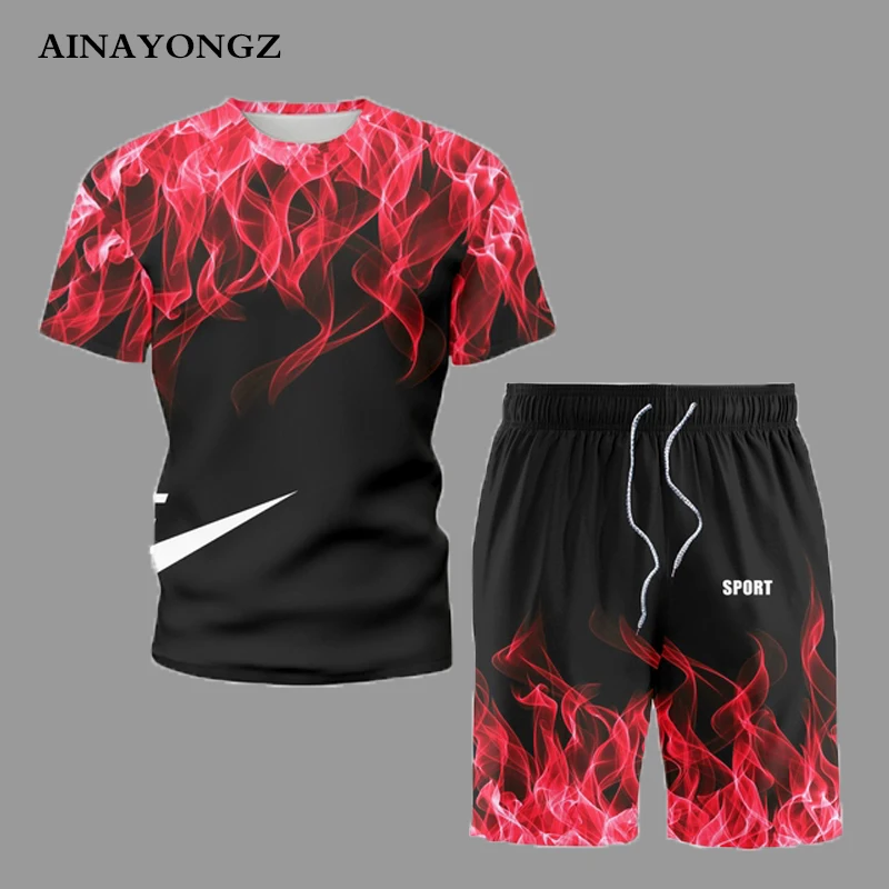

Мужская спортивная футболка и шорты, Спортивная Футболка с принтом Красного пламени и круглым вырезом, с коротким рукавом, костюм для мужчи...