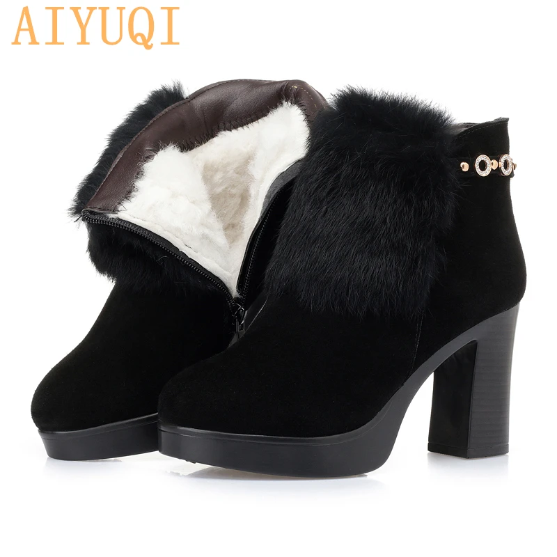 

AIYUQI Women ankle boots black thick heel platform genuine leather women booties high-heel fashion rhinestone winter boots women