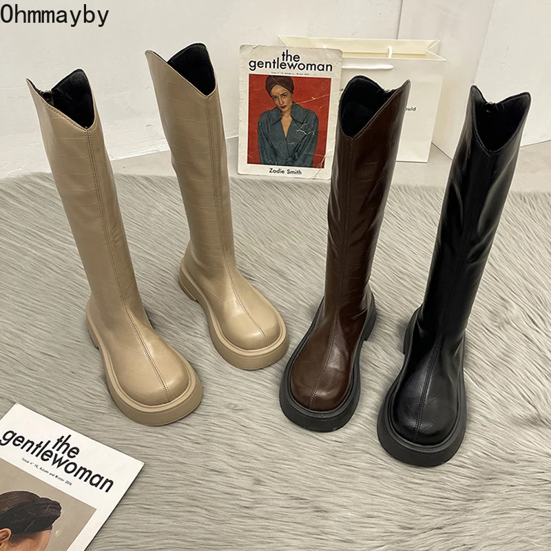

2021 Women Long Boots Ladies Shoes Knee High Booties Platform Leather Footwear Woman Fashion Zippers Autumn Winter Shoes
