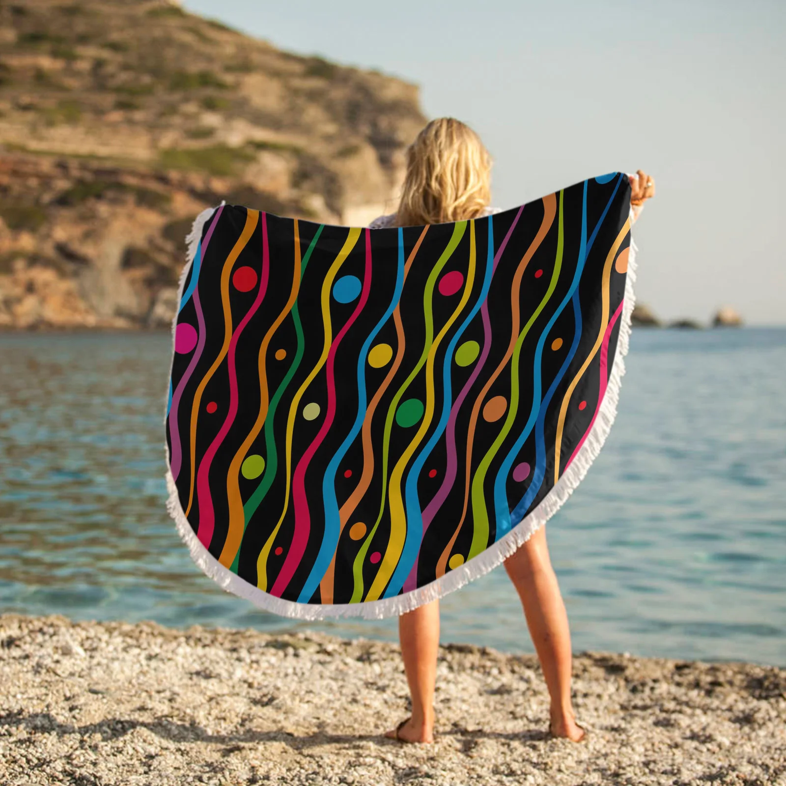 Circular Rainbow Wave Swimming Towel Microfiber Beach Towels Yoga Mat Shawl Round Tassel | Towel/Towel Set