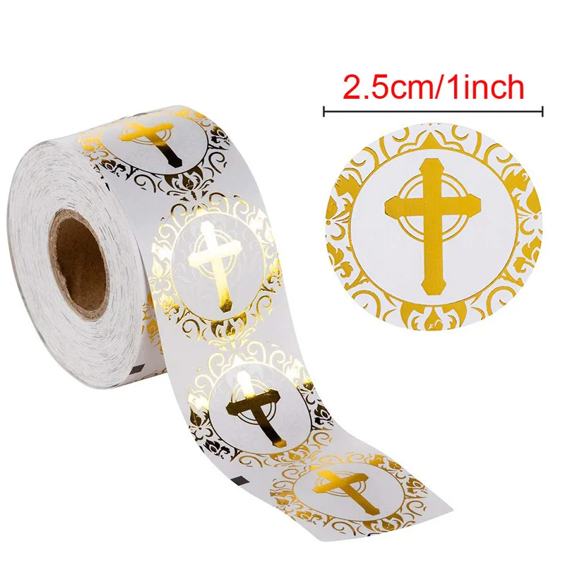 

500p Religious Christian Cross Stickers 1inch Gold/silver Round Labels for Religious Baptism Sacrament Invitation Letter Sealing