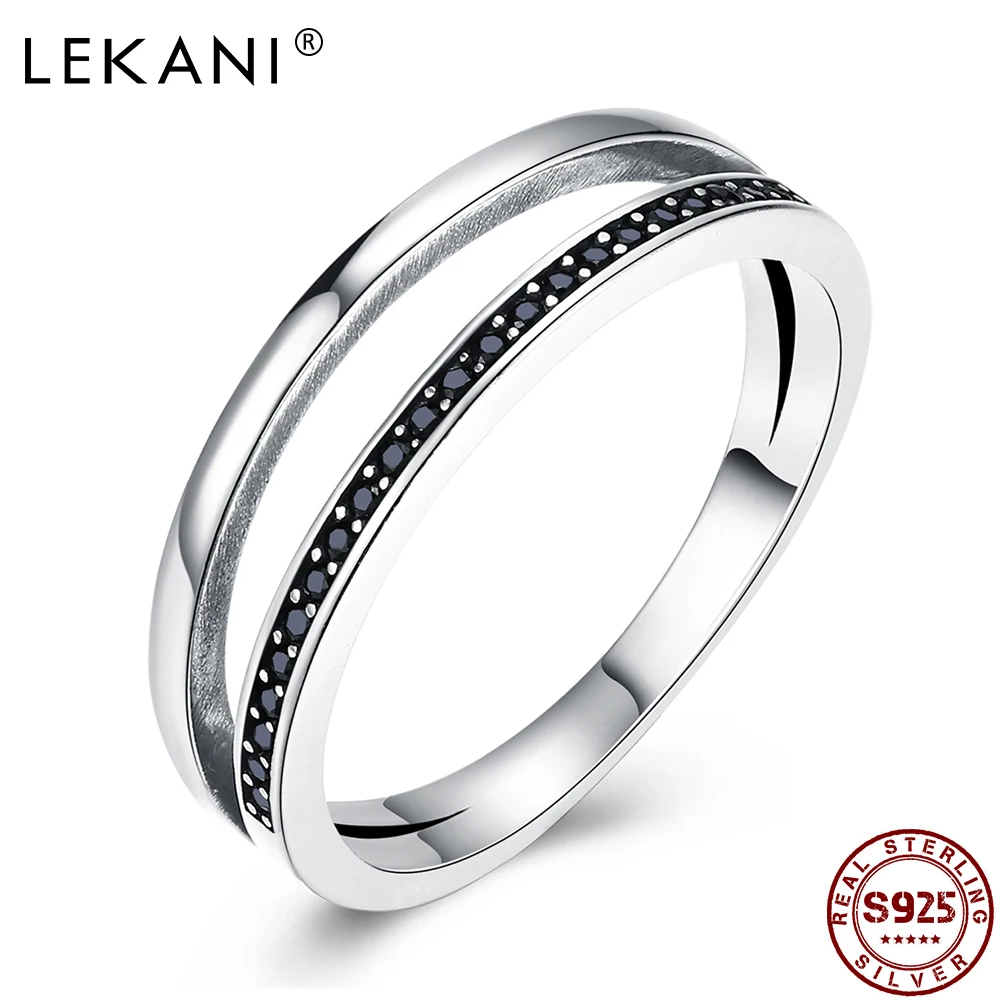 

LEKANI женские кольца 925 стерлингового серебра простой черный кубического циркония двойной личности Винтажные Ювелирные изделия из драгоценн...