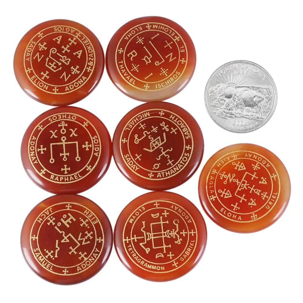 TUMBEELLUWA 1Lot (7Pc) Round Carnelian Palm Stone Engraved Magic Archangel Symbol Chakra Healing Crystal Set