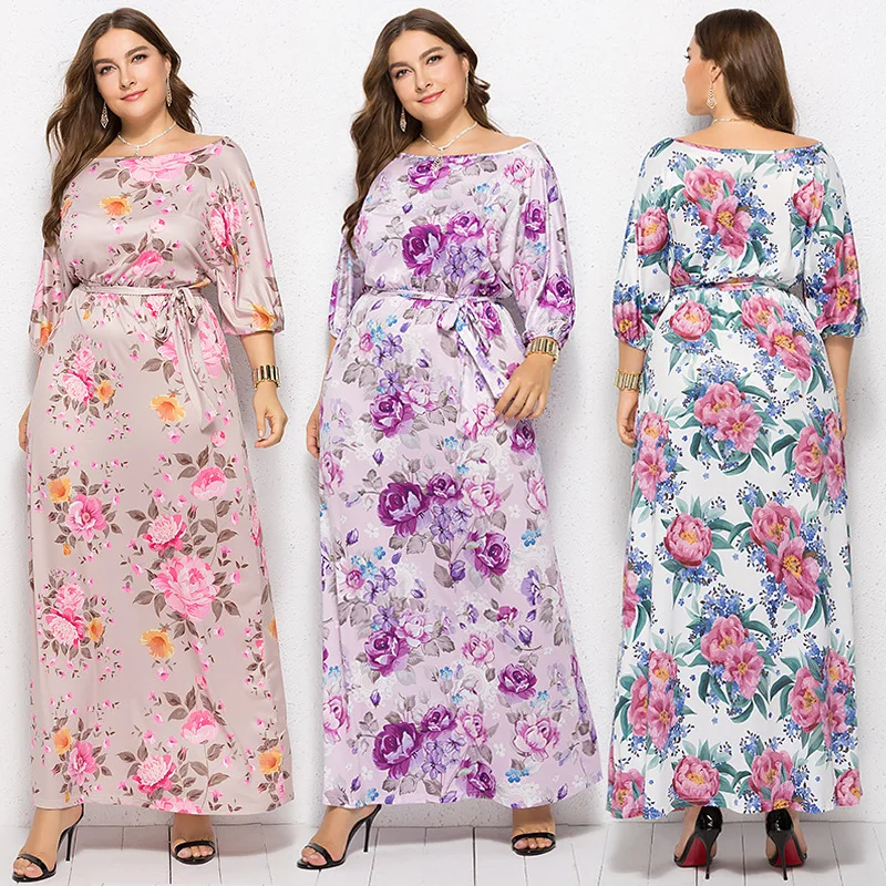 

Plus Size 3XL Lace up Flower Long Women Dress Elegant Casual Slim Belt Retro Autumn Ladies Dresses Floor Length Vestidos Femme