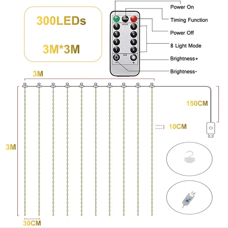 Радужная светодиодная гирлянда-занавес 3 м Сказочная гирлянда с дистанционным
