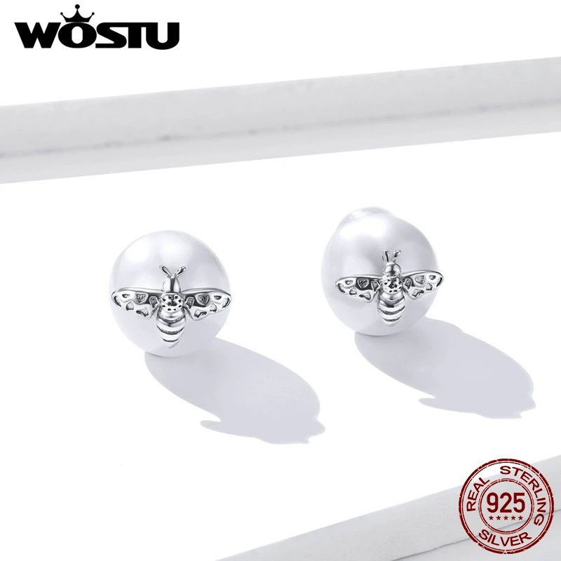 Женские серьги гвоздики с жемчугом WOSTU из настоящего серебра 925 пробы модные