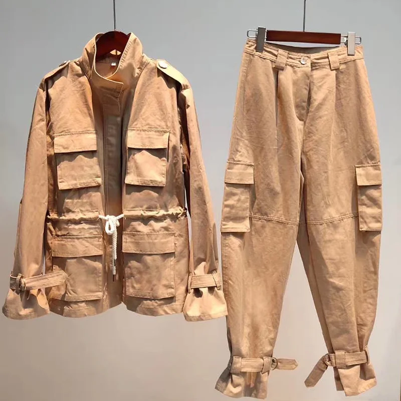 

VGH Patchwork Two Piece Set For Women Lapel Collar Long Sleeve Drawstring Lace Up Top High Waist Pockets Pant Female 2020 Style