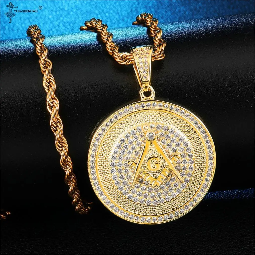 

Hip Hop Bling Iced Out AAA CZ Stone Paved Rhinestone Masonic Zircon Compass G Pendants & Necklaces For Men Women Jewelry Gifts
