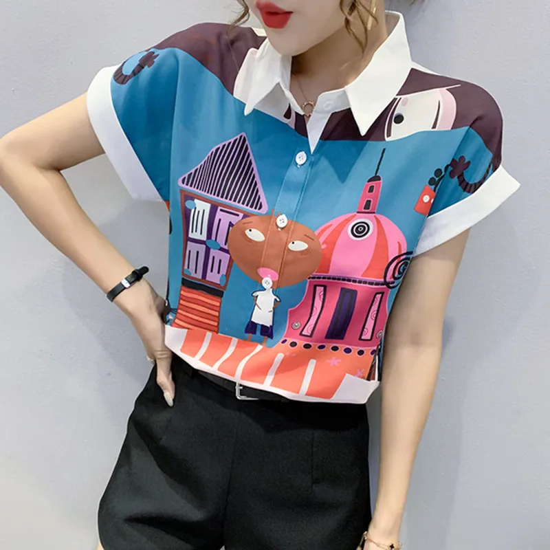 

2021 Summer New Fashion Color stitching Temperament Printing Lapel Chiffon Blouse&Shirt Office Ladies Tops