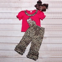 summer girls clothes plum red short sleeve top and leopard print trousers easter leopard bunny embroidery toddler girl outfits