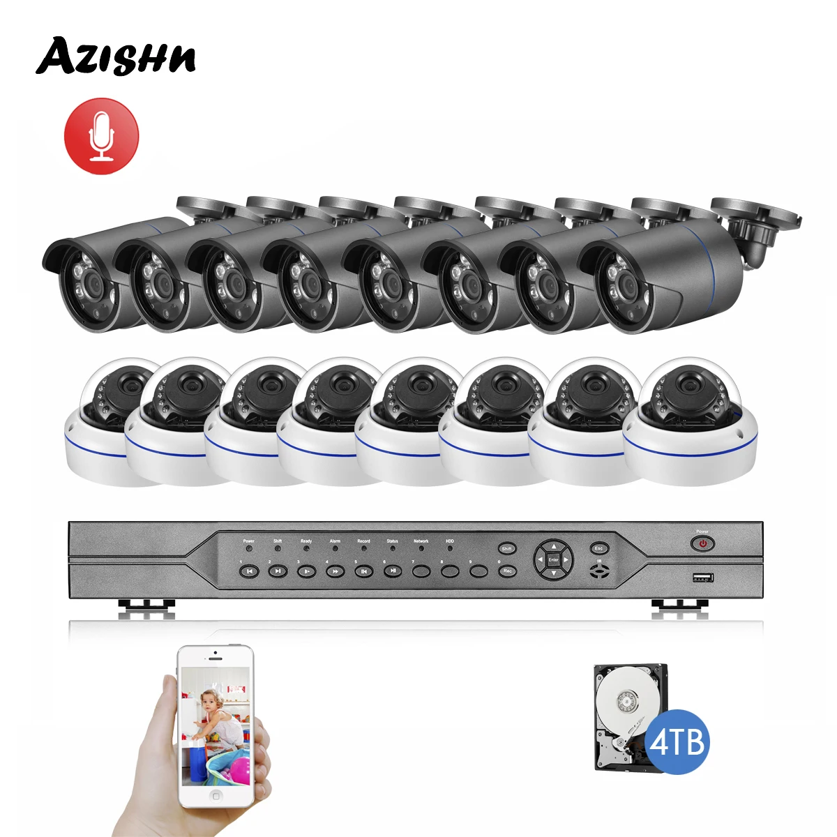 Система видеонаблюдения AZISHN H.265 16 каналов 3 Мп POE NVR ИК IP камеры с записью звука для