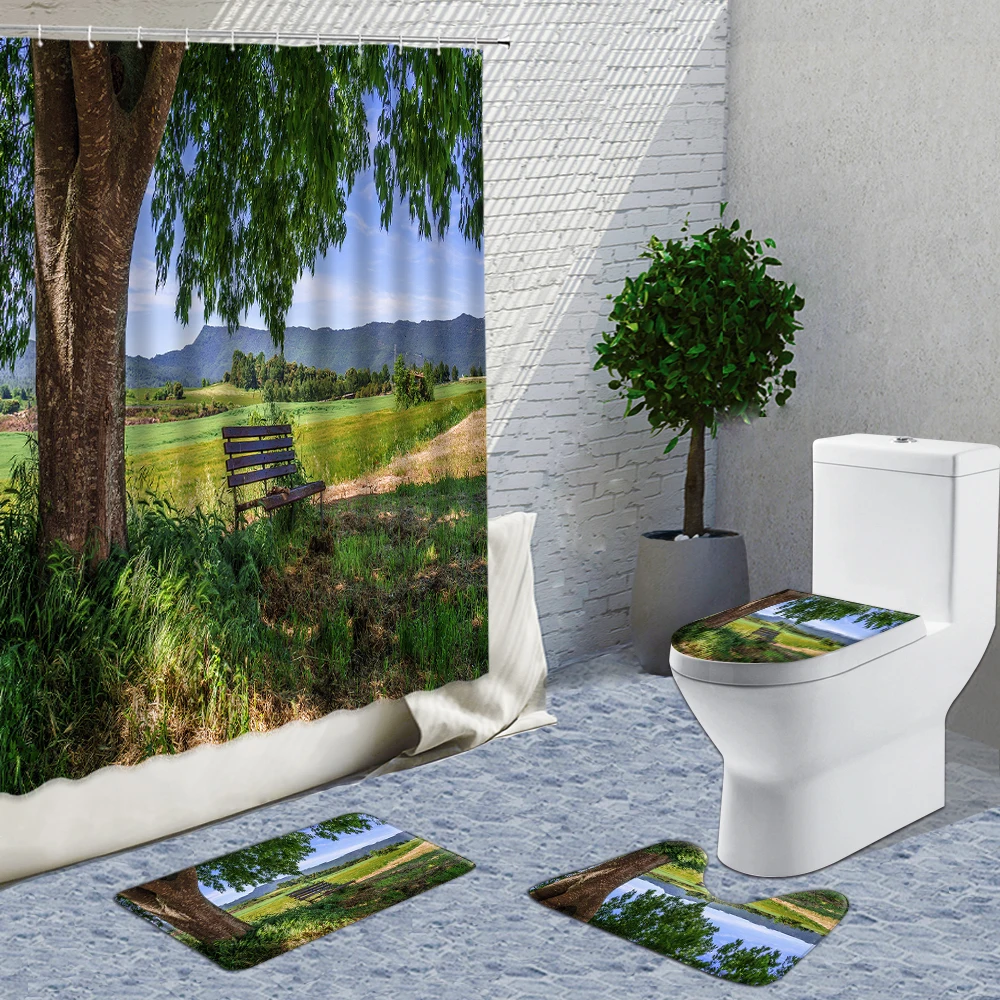 

Mountain Landscape Shower Curtain Mountain Top Sunrise Rock Home Decor Bath Mat Bathroom Curtains Rugs U-Shaped Pad 4pcs Set