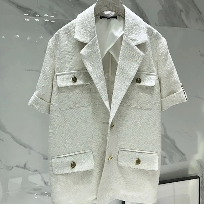 Женская тонкая твидовая куртка с поясом на шнуровке коротким рукавом офисный