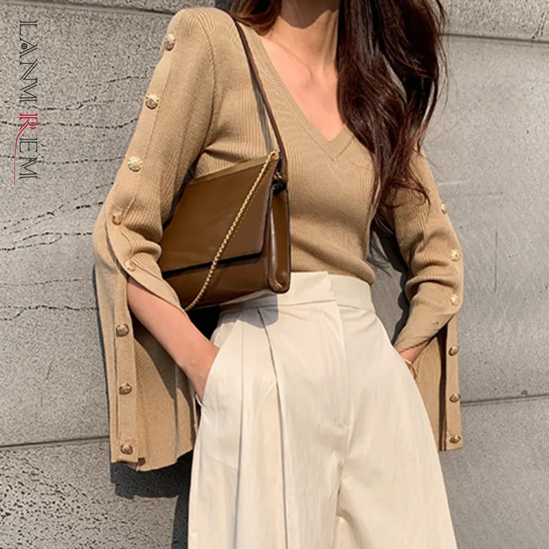 

LANMREM Новый женский Однотонный свитер с v-образным вырезом, Женский трикотажный топ с длинным рукавом и пуговицами, 2022, весна-осень, 2J614