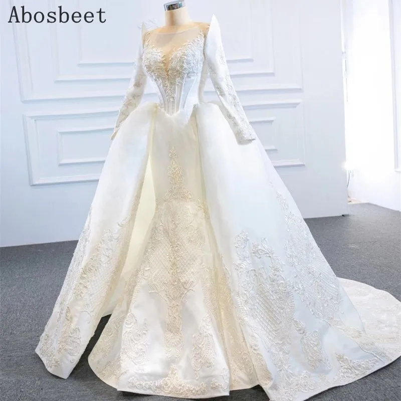 Vintage Satin Wedding Dress Long Sleeve Advanced Customization Lace Mermaid Wedding Gown Lace Up Back Long Train