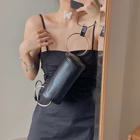 pu leather cool girls black wrist messenger bags personality womens bucket bag fashion design ladies metal ring shoulder bag