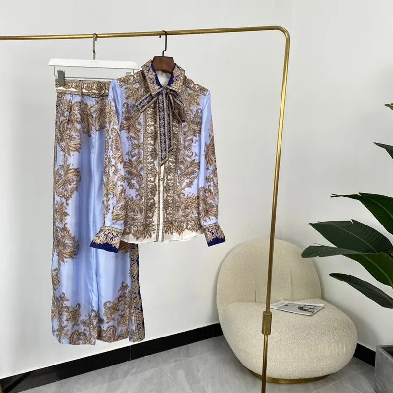 

2021 New Autumn Women Fashion High Quality Twill Silk Blue Floral Print Ankle Length Pants Suit Long Sleeve Blouse 2 Pieces Set