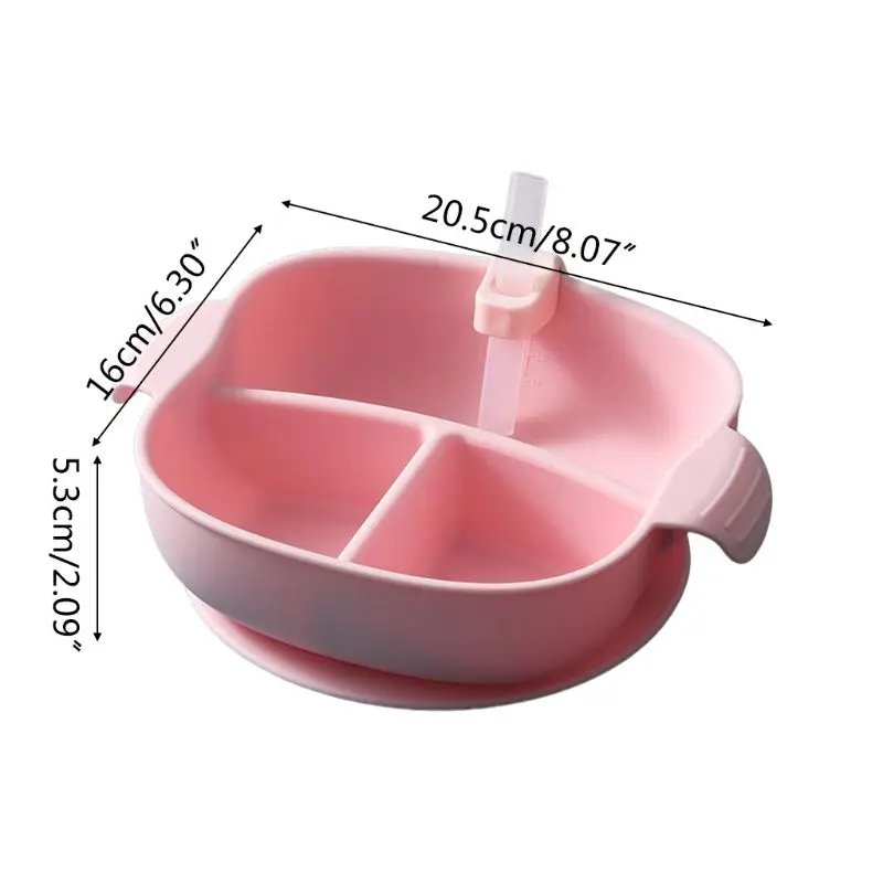 

Baby Plate Divided Food Bowl with Straw Portable 3 Grid Silicone Feeding Dish Toddler Infant Tableware