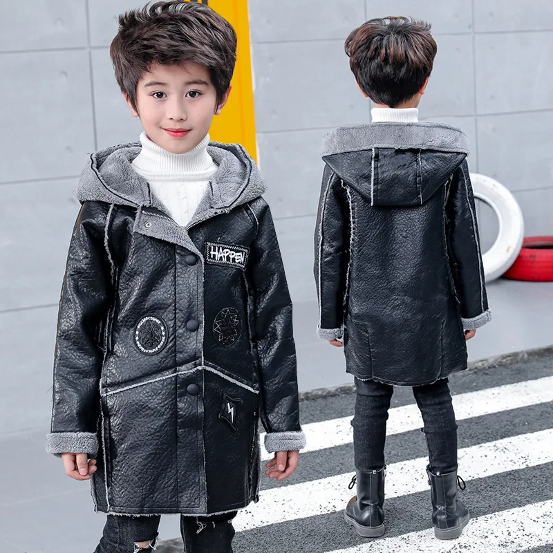 Зимняя одежда для мальчиков кожаная детская ветрозащитная верхняя средней длины