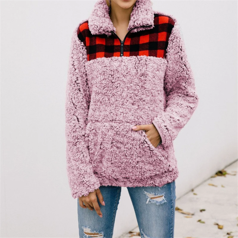 Goocheer Women Fleece Outerwear Fashion Plaid Patchwork Fluffy Thick Sweaters Warm Zipper Pullovers Winter Coat Sherpa Tops | Женская