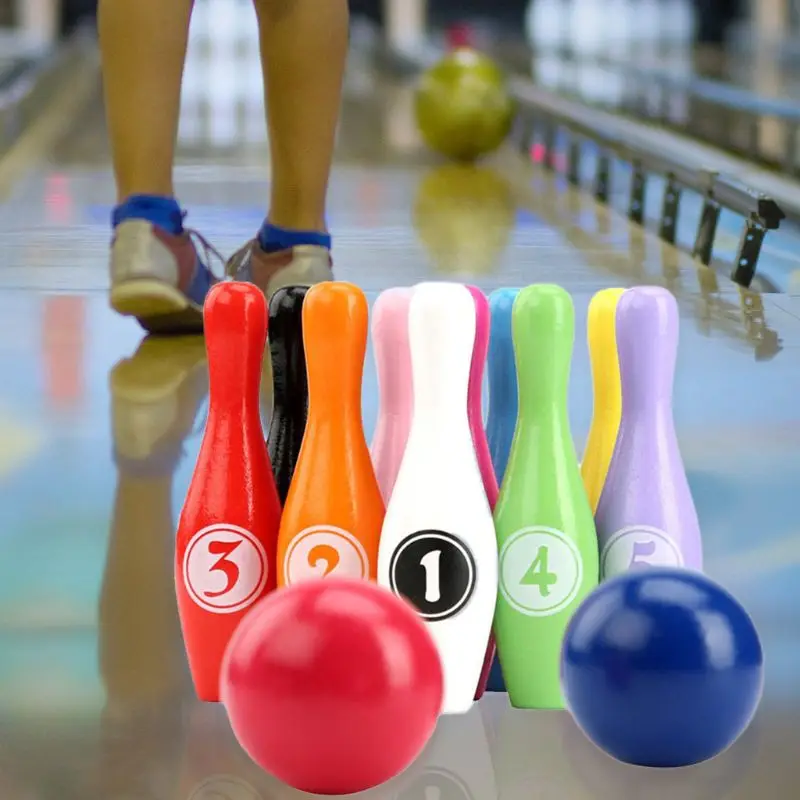 12pcs/set Wooden Color Bowling Set 10 Pins 2 Ball Game for Kids Indoor | Спорт и развлечения