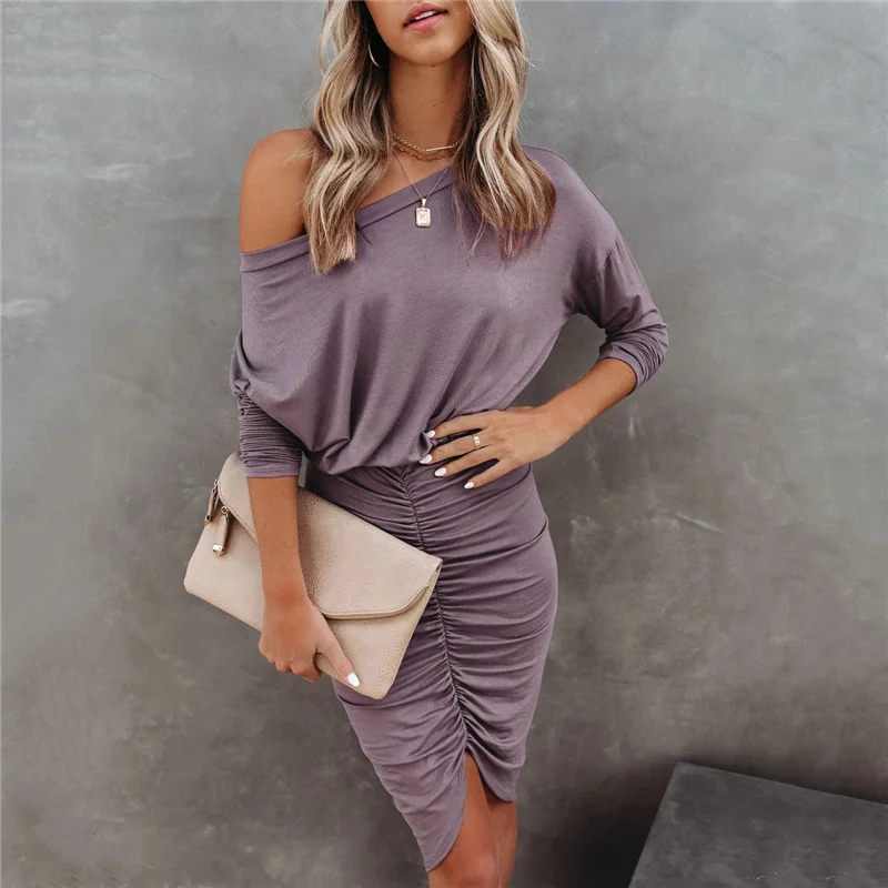 

Women Ruched Irregular Dress, Adults Slim Fit Solid Color Long Sleeve Round Neck Pleated Dress