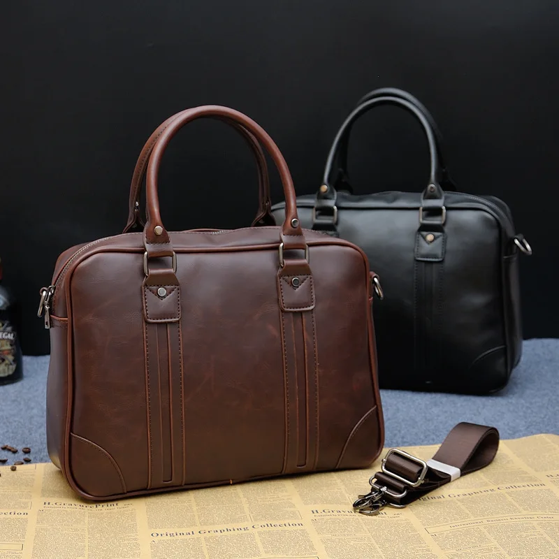 Luxury Crazy Horse Leather Briefcases Men Handbag Fashion Business Shoulder Messenger Bag Men Briefcases Large Laotop File Bags
