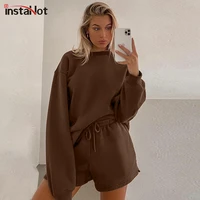 instahot solid basic women two piece drawstring shorts set casual long sleeve vintage outfit 2021 summer female 2 piece set suit