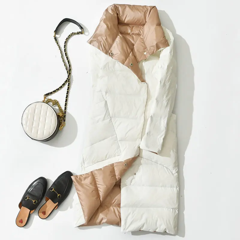 

Women 2022 Winter New Long White Duck Down Coats Female Double Sided Light Thin Down Jackets Ladies Slim Solid Warm Outwear Q963