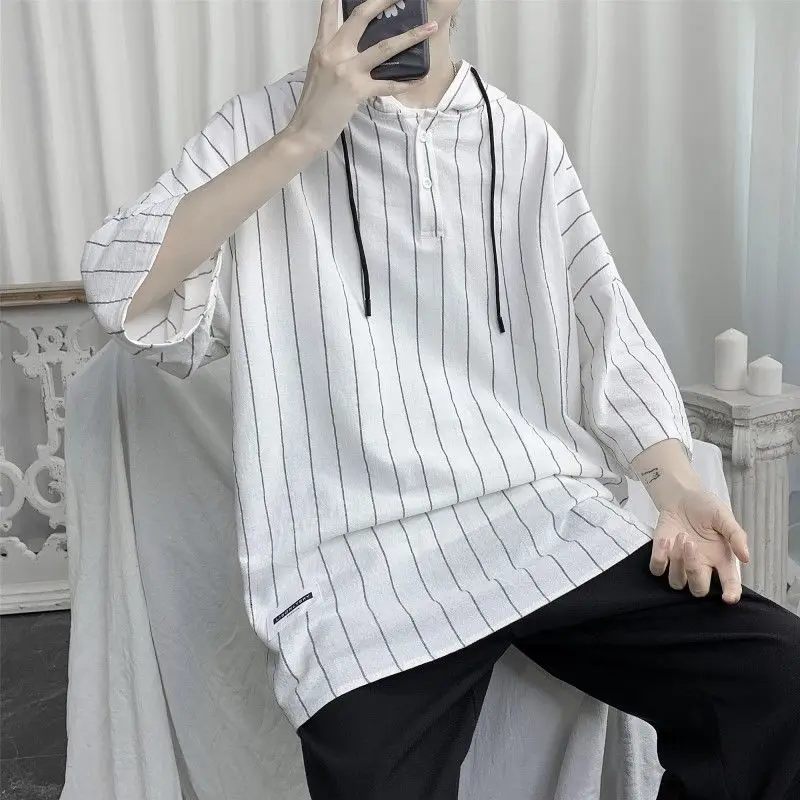 

Men's short-sleeved T-shirts 2021 new summer striped hat collar loose casual T-shirt large size M-5XL fashion campus youth men