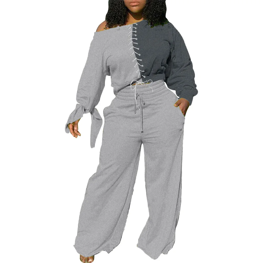 

Fashion stitching tie knotted sleeve wide leg pants suit plus size two piece sets plus size clothing for women