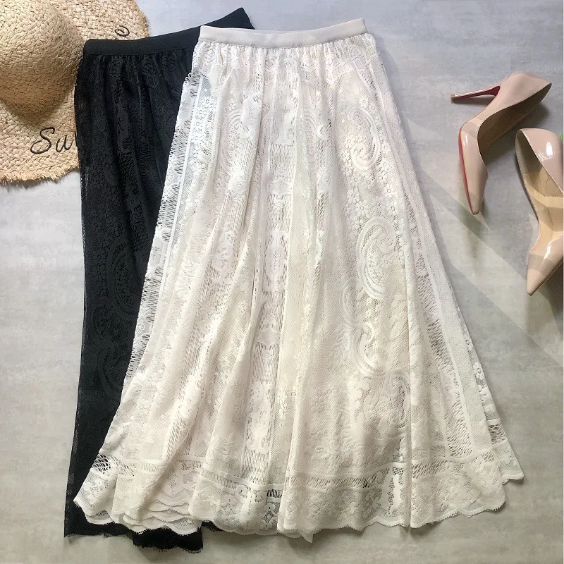 

PEONFLY 2022 Spring High Quality Midi Long Lace Skirt Women Fashion Korean Elegant Hollow Out A Line High Waist Skirt Female