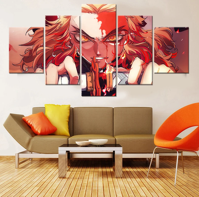 

5 Panel Anime Rengoku kyojuro Kimetsu No Yaiba HD Paintings Wall Art Home Decor Canvas Pictures Posters Decoration Accessories