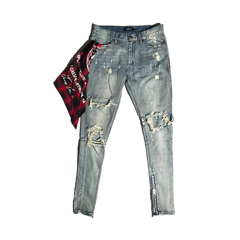 

Denim Hip Hop Frayed Streetwear Hole Jeans Men High Street Casual Trousers Male Destroyed Vintage Slim Pencil Light Blue Pants