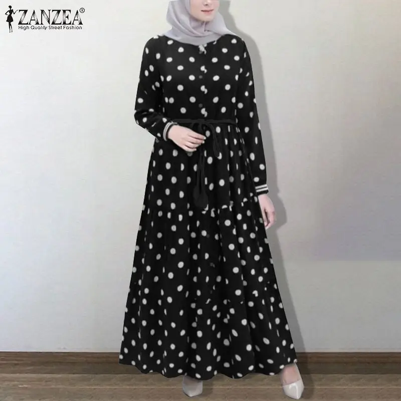 

Summer Vintage Long Shirt Dress ZANZEA Women Polka Dot Printed Sundress Casual Dubai Turkey Abaya Hijab Dress Kaftan