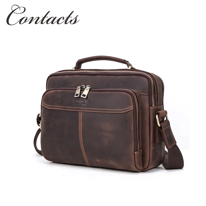 

Contacts genuine crazy horse leather vintage Men Briefcase for ipad 9.7inch retro zipper male handbag shoulder bag messenger bag